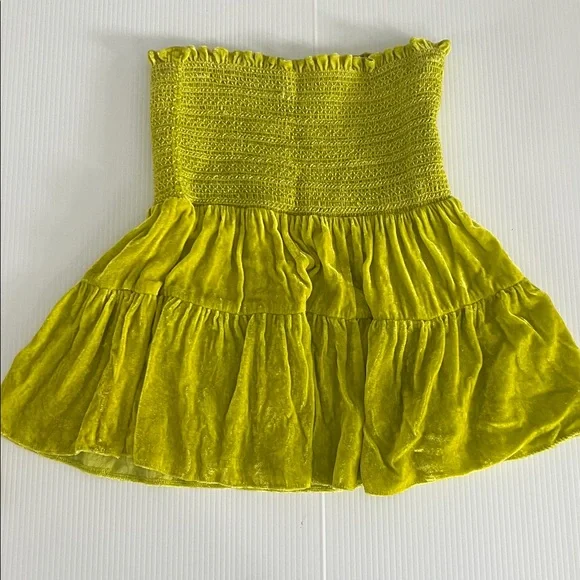 La Plage Smocked Tiered Velvet Mini skirt in Chartreuse silk XS - Picture 2 of 7